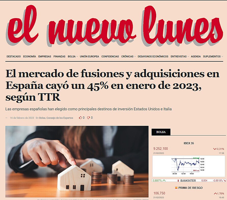 El mercado de fusiones y adquisiciones en Espaa cay un 45% en enero de 2023, segn TTR